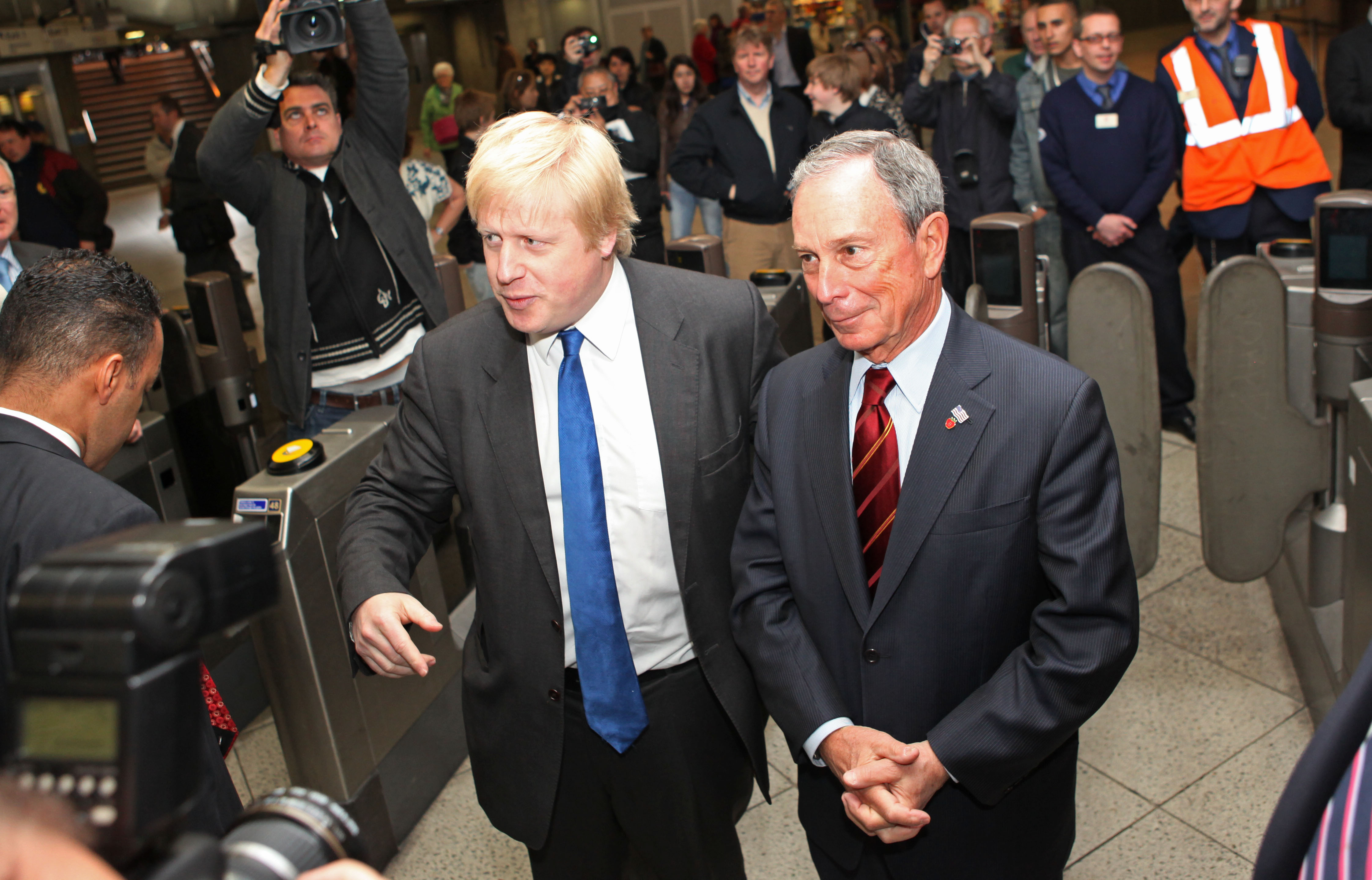 Mayor Bloomberg with Mayor of London Boris Johnson at Westminster undergound station in 2010. (Photo: Chris Ratcliffe/Mayor's Office)