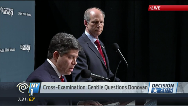Councilman Vincent Gentile and District Attorney Daniel Donovan debate in Staten Island. (Screenshot: NY1)