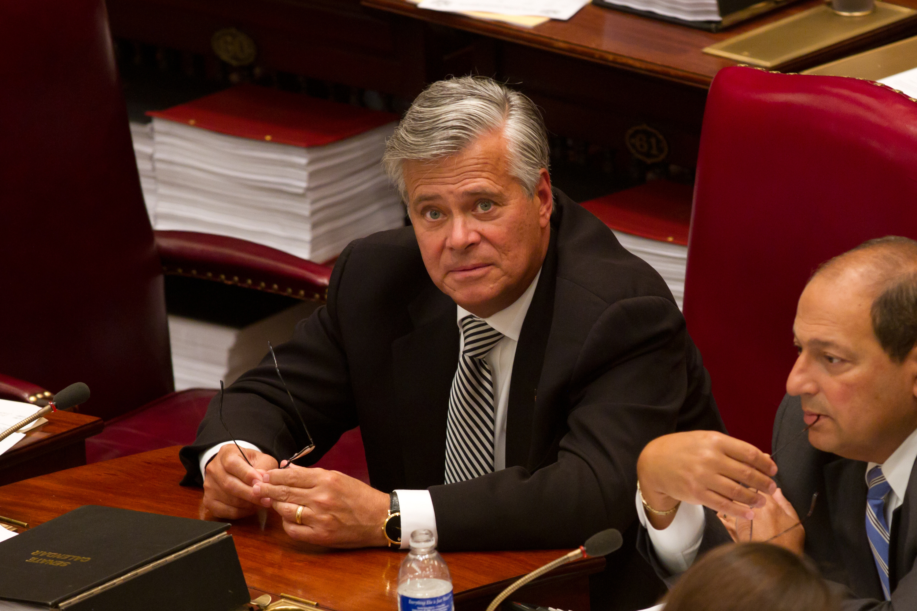 New York Senate Majority Leader Sen. Dean Skelos (R-District 9) (C) talks with colleagues in the Senate chamber on June 16, 2011 in Albany, New York.  (Photo: Matthew Cavanaugh/Getty Images)