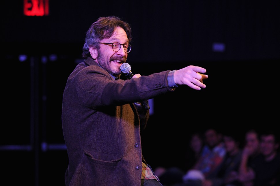 NEW YORK, NY - OCTOBER 11:  Comedian Marc Maron performs on stage at The New Yorker Comedy Playlist with Patton Oswalt, Todd Barry, Marc Maron and Andy Borowitz at the MasterCard stage at SVA Theatre during The New Yorker Festival 2014 on October 11, 2014 in New York City.  (Photo by Bryan Bedder/Getty Images for The New Yorker)