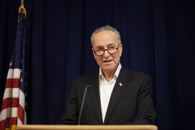 Mr. Schumer at a recent Sunday press confernece. (Photo: Aaron Adler for New York Observer)