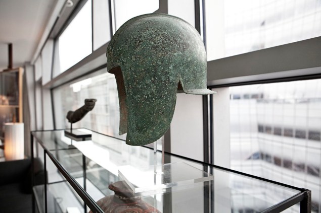 An ancient helmet, one of Ms. Champalimaud's collected pieces. (Photo: Celeste Sloman/New York Observer)