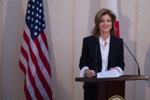 NARITA, Japan (November 15, 2013) U.S. Ambassador Caroline Kennedy makes her first statement after arriving in Japan. [State Department photo by William Ng/Public Domain]