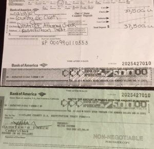 This cashier's check for $37,500 was drawn by a relative of Pfeifer's and paid as restitution to the Clark County DA's office. Pfeifer confirmed to the Observer that he had 'lost $3 million if not more' at casinos.  (Observer) 