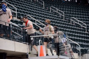 Athletes run up the Citi Field steps during the Reebok Spartan Sprint. (Aaron Matthews)