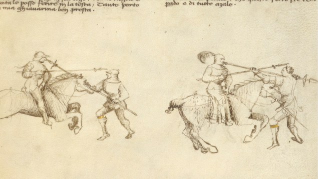 Combat against an Equestrian Opponent with Lance, about 1420, Fiore Furlan dei Liberi da Premariacco. (Photo: J. Paul Getty Museum)