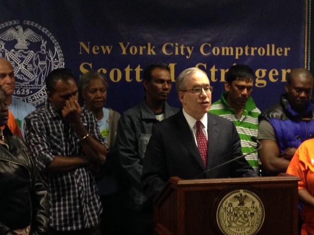 Comptroller Scott Stringer with immigrant workers today (Photo: Will Bredderman). 