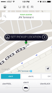 In case one doubted that the two rows of identical black SUVs lying in wait at the airport were affiliated with Uber, here's a screen shot from JFK Terminal 4 showing the existence of precisely such a privileged lane. (New York Observer)