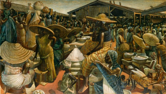 John Biggers, Kumasi Market, oil and acrylic on masonite board, 1962 (Photo courtesy of Swann Galleries)
