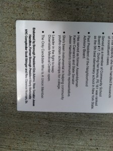 The back of the Shirley Patterson palm card with the Comptroller Stringer endorsement.