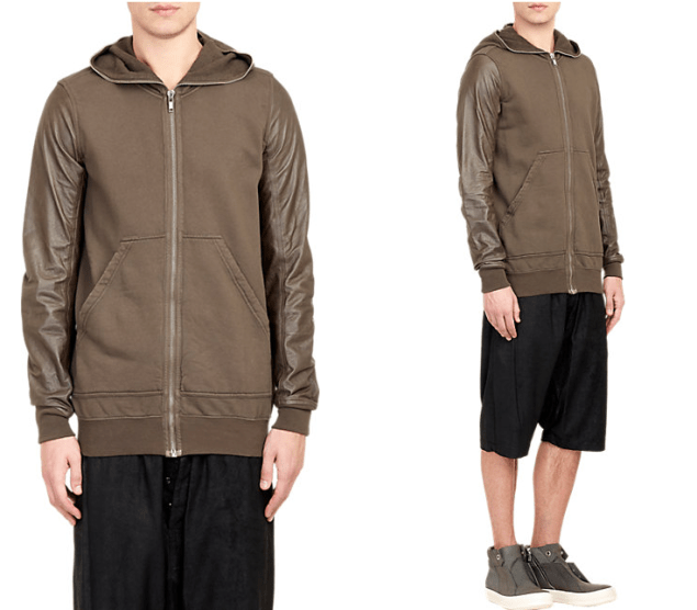 Rick Owens DRKSHDW Leather-Sleeve Fleece Hoodie. (Photo: Barneys)