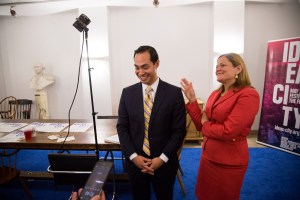 Housing Secretary Julian Castro, left, speaks to reporters with NYC council speaker Melissa Mark-Viverito, right, at Cooper Union in New York, U.S., on Friday, May 29, 2015. Photographer: Michael Nagle