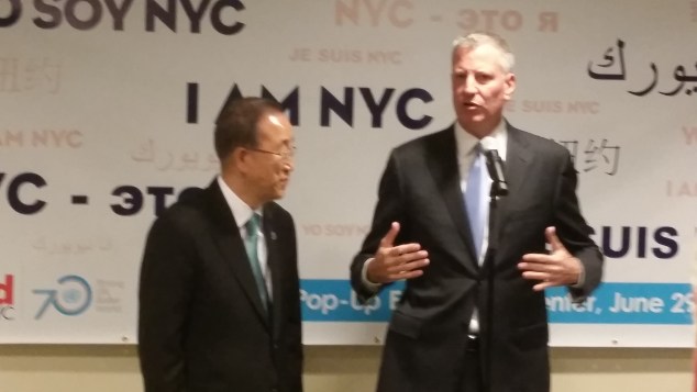 Mayor Bill de Blasio with UN Secretary General Ban ki-Moon. (Photo: Ross Barkan/New York Observer)