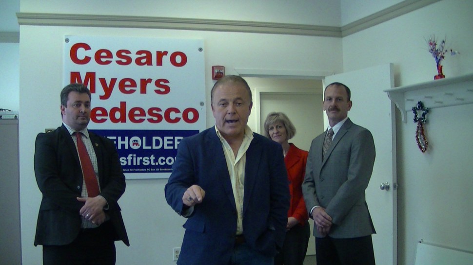 State Senator Joe Pennacchio (R-26) making the final push yesterday in Morris Plains for his candidates: John Cesaro, Christine Myers and Angelo Tedesco, in the Morris County Freeholders race.