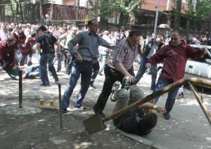 Police and anti-Saakashvili demonstrators in Tbilisi in 2009. (STR/AFP/Getty Images)