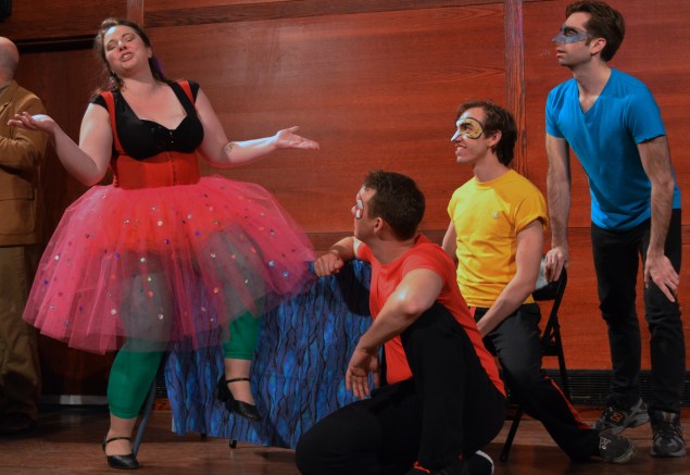 Left to right Halley Gilbert as Zerbinetta with comedians Jonathan Rohr, Samuel Themer and Roman Laba in Utopia Opera's production of "Ariadne auf Naxos" PHOTO CREDIT: Christine Moore
