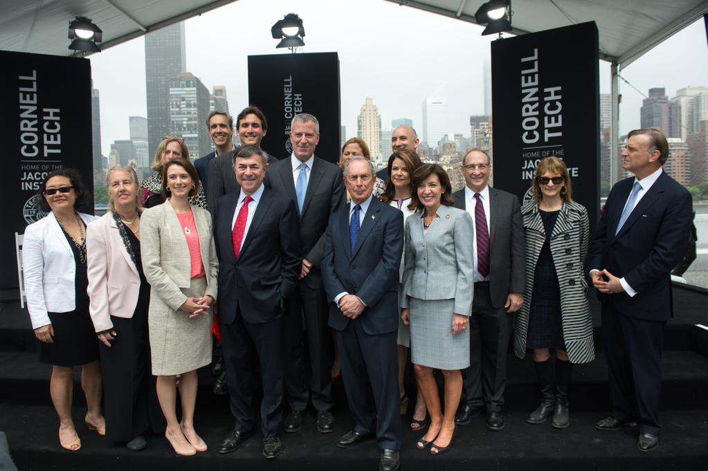 Mayor Bill de Blasio and Mayor Michael Bloomberg among those at the groundbreaking for the new Cornell Tech campus on Roosevelt Island. (Photo via @MikeBloomberg Twitter account)