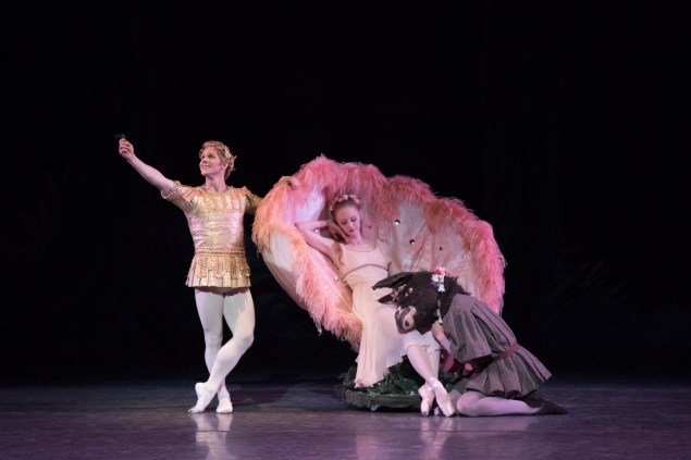 Daniel Ulbricht as Oberon, Teresa Reichlen as Titania, and Harrison Coll as Bottom in A Midsummer Night's Dream. (Photo: Paul Kolnik)