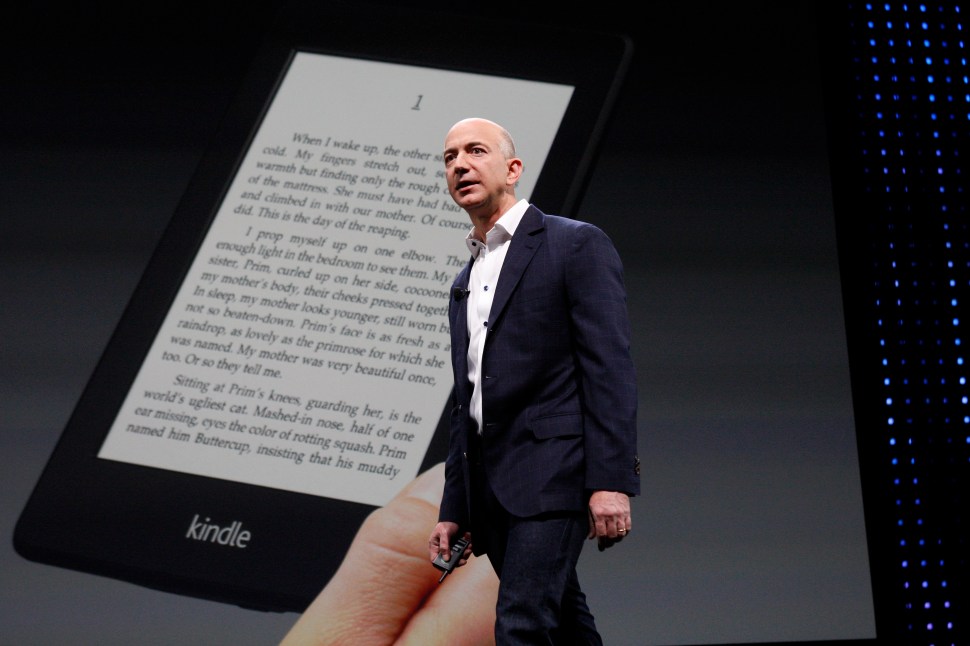 SANTA MONICA, CA - SEPTEMBER 6:  Amazon CEO Jeff Bezos unveils new Kindle reading devices during a press conference on September 6, 2012 in Santa Monica, California. Devices include the front-lit Kindle Paperwhite and the Kindle Fire HD in 7 and 8.9-inch sizes. (Photo by David McNew/Getty Images)