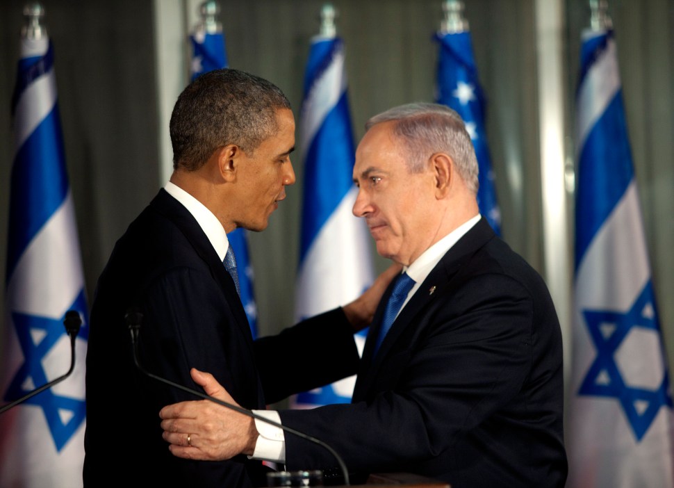 JERUSALEM , ISRAEL- MARCH 20:  U.S. President Barack Obama (L) greets Israeli Prime Minister Benjamin Netanyahu during a press conference on March 20, 2013 in Jerusalem, Israel. This is Obama's first visit as President to the region, and his itinerary will include meetings with the Palestinian and Israeli leaders as well as a visit to the Church of the Nativity in Bethlehem.  (Photo by Heidi Levine-Pool/Getty Images)