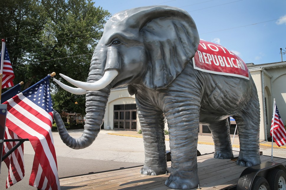 DAVENPORT, IA - JULY 17:  A Republican elephant prop sits in front of the Starlite Ballroom at The Mississippi Valley Fairgrounds where New Jersey Gov. Chris Christie was expected to speak on July 17, 2014 in Davenport, Iowa. Christie's Iowa schedule included two fundraisers and a campaign stop with Iowa Gov. Terry Branstad and Lt. Gov. Kim Reynolds at MJ's Restaurant in Marion, Iowa. Christies four-city Iowa tour suggests he may be testing support in the state with hopes of a 2016 Republican presidential nomination.  (Photo by Scott Olson/Getty Images)