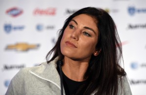 US Soccer team goalkeeper Hope Solo talks to the press during the US Women's National Team World Cup Media Day on May 27, in New York City. The FIFA Womens World Cup will be held in Canada, June 6 to July 5, 2015. AFP PHOTO / TIMOTHY A. CLARY