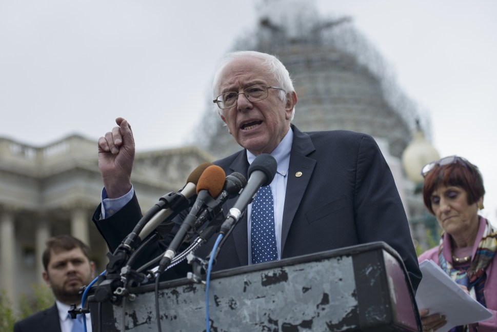 US presidential candidate Senator Bernie Sanders (I-VT) speaks during an event on the Trans Pacific Partnership on Capitol Hill June 3, 2015 in Washington, DC. AFP PHOTO/BRENDAN SMIALOWSKI        (Photo credit should read BRENDAN SMIALOWSKI/AFP/Getty Images)