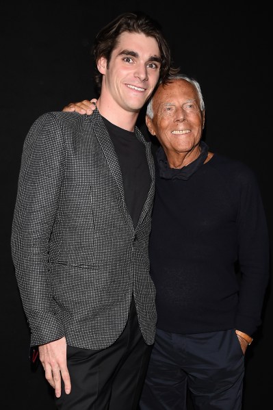 MILAN, ITALY - JUNE 20:  Actor RJ Mitte and Fashion Designer Giorgio Armani attend the Emporio Armani fashion show during the Milan Men's Fashion Week Spring/Summer 2016 on June 20, 2015 in Milan, Italy.  (Photo by Jacopo Raule/Getty Images)