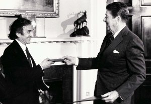 Elie Wiesel receiving a Congressional Medal of Honor from President Ronald Reagan at the White House, 14 April 1985, in Washington, DC. Wiesel was awarded the 1986 Nobel Peace Prize, 14  October 1986, for his efforts in the field of human rights.  (RICHARD WELLS/AFP/Getty Images)