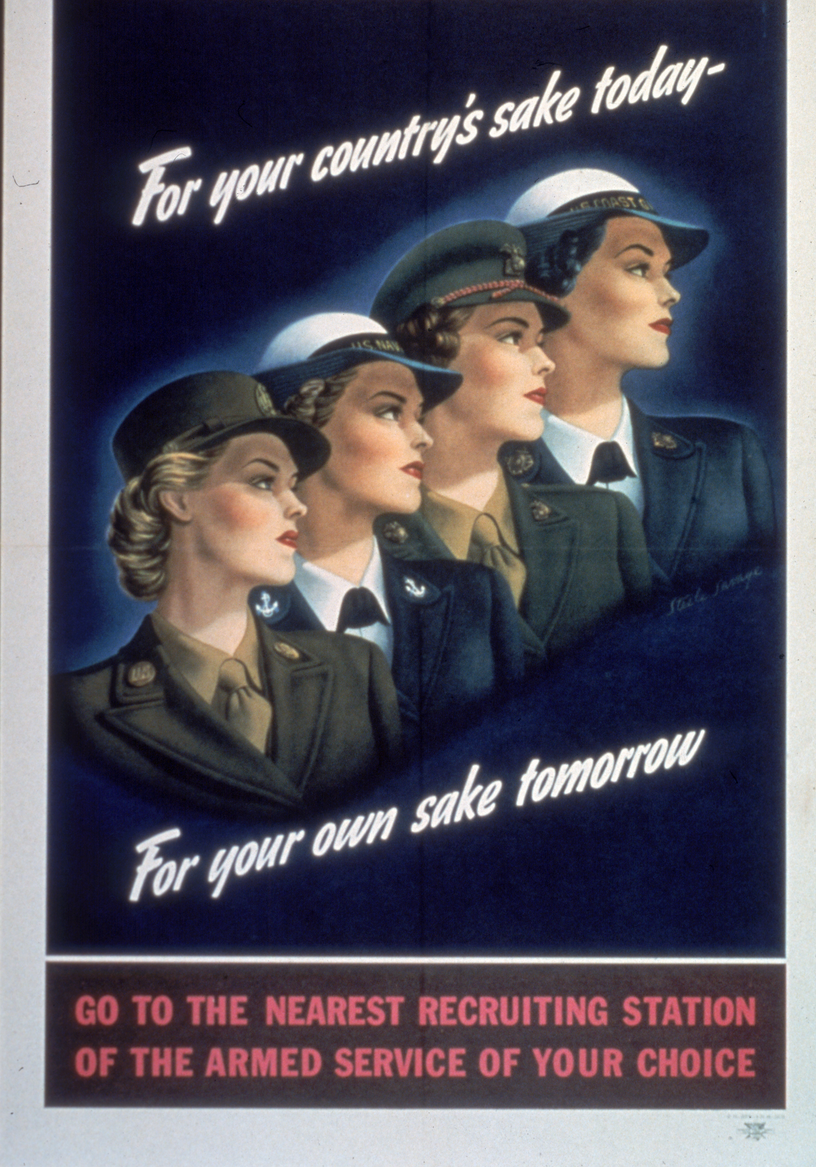 US armed service recruiting poster (Steele Savage, artist) features four women in different unforms (from left, Marines, WAVES, Army (WAC), and Coast Guard (SPARS) accompanied by the phrase 'For Your Country's Sake Today--For Your Own Sake Tomorrow,' early to mid 1940s. (Photo by Hulton Archive/Getty Images)