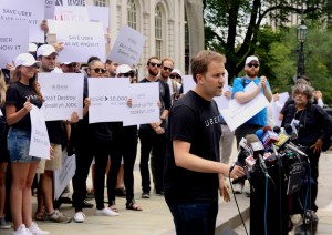 Josh Mohrer, Uber's New York City General Manager, spoke at Tuesday's protest. (Giulia Olsson/The New York Observer)