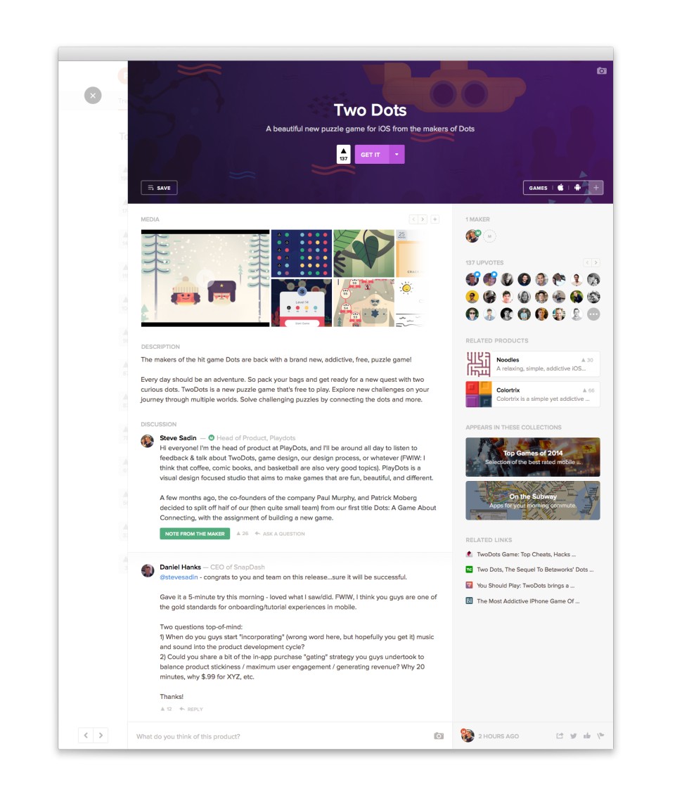 A design for a game page on the updated Product Hunt. (Image: Product Hunt)