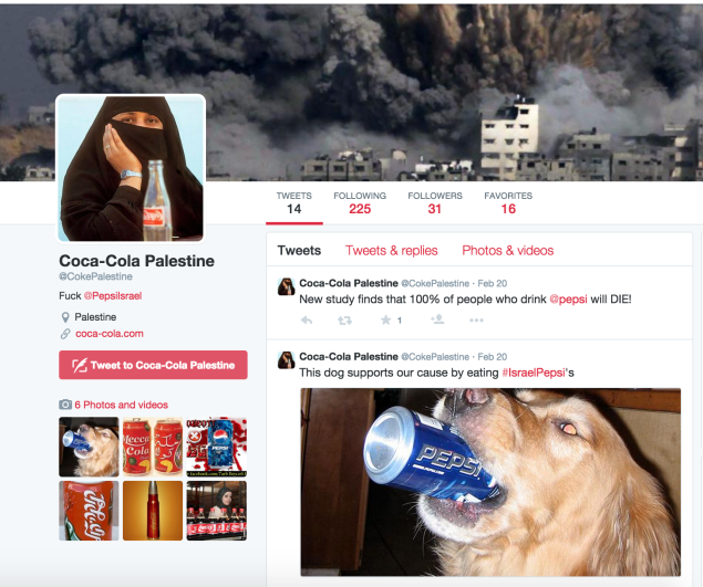 The Twitter account for Coca-Cola Palestine features some interesting messaging. (Twitter)