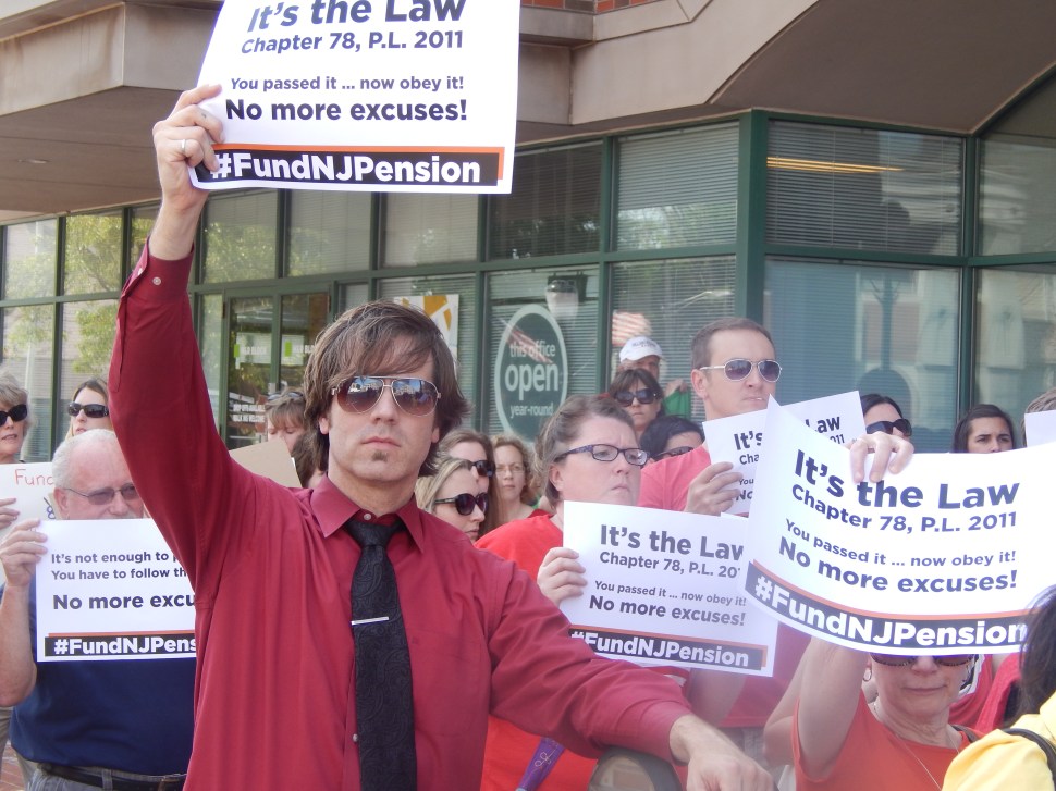 Teachers seeking relief from the state's high court and full pension payment protested in Somerville yesterday.