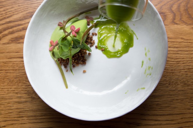 Matcha Panna Cotta: Flax seed, maple blossom sorbet at Wassail on 162 Orchard Street by Arman Dzidzovic/New York Observer