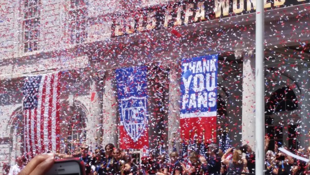 Confetti is loosed on City Hall. (Photo: Ross Barkan/New York Observer)