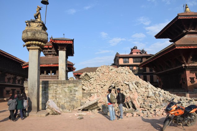 Bhaktapur Durbar Square in 2015, after the earthquakes in April-May. (Photo: © DirghaMan & GaneshMan Chitrakar Art Foundation, Courtesy The Rubin Museum of Art)
