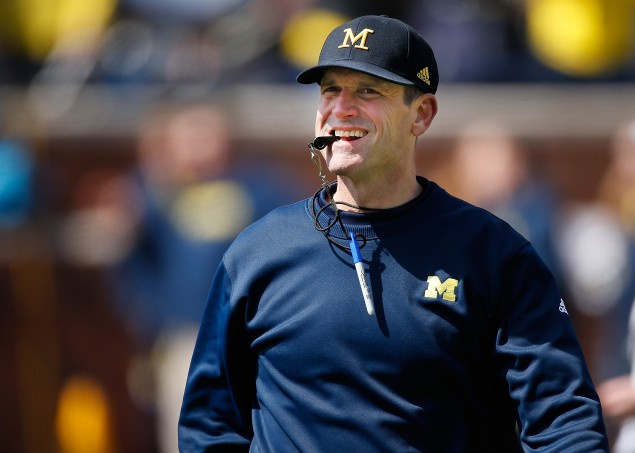 Head coach Jim Harbaugh looks on during the Michigan Football Spring Game on April 4, 2015 at Michigan Stadium in Ann Arbor.  (Gregory Shamus/Getty Images)