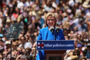 NEW YORK, NY - JUNE 13: Democratic Presidential candidate Hillary Clinton speaks at her official kickoff rally at the Four Freedoms Park on Roosevelt Island in Manhattan on June 13, 2015 in New York City. The long awaited speech at a historical location associated with the values Franklin D. Roosevelt outlined in his 1941 State of the Union address, is the Democratic the candidate's attempt to define the issues of her campaign to become the first female president of the United States. (Photo by Spencer Platt/Getty Images)