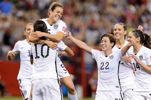 The women's soccer team celebrates after an earlier victory in June (Photo: Minas Panagiotakis/Getty Images).