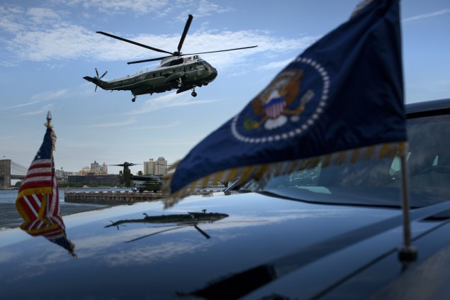Marine One with US President Barack Obama lands at a Wall Street heliport on July 17, 2015 in New York, New York. Obama plans to spend the night in New York City after attending a Democratic National Committee fundraiser. AFP PHOTO/BRENDAN SMIALOWSKI (Photo credit should read BRENDAN SMIALOWSKI/AFP/Getty Images)