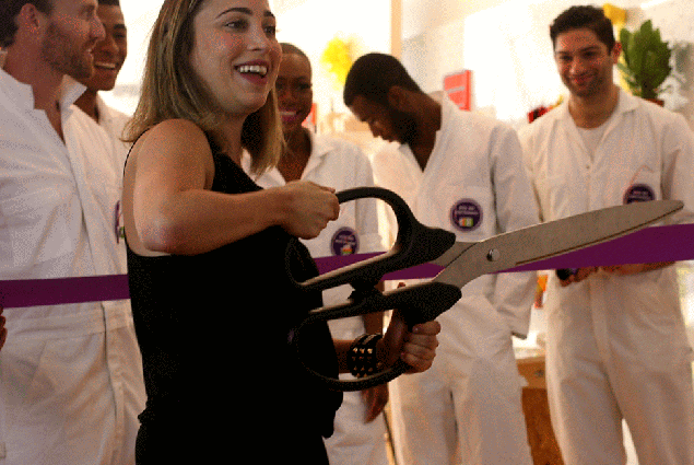 LittleBits's Ayah Bdeir cutting the ribbon at its new Soho store. (Photo: Brady Dale for Observer)