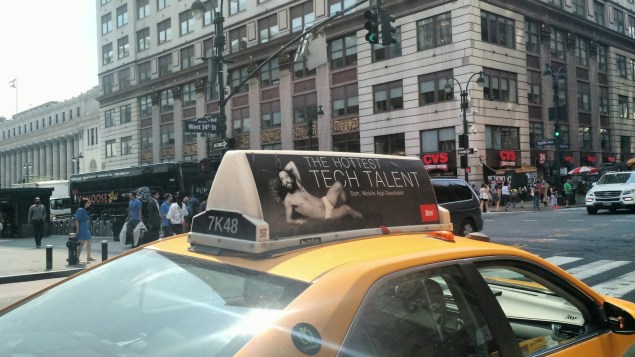Taxi cab with the Dice.com add seen on West 34th Street, at 8th Avenue, Monday afternoon. (Photo: Brady Dale for Observer)