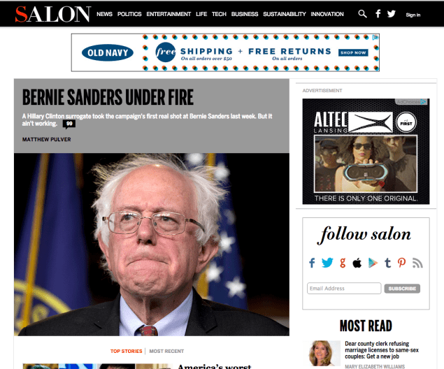 A screenshot of Salon's homepage.