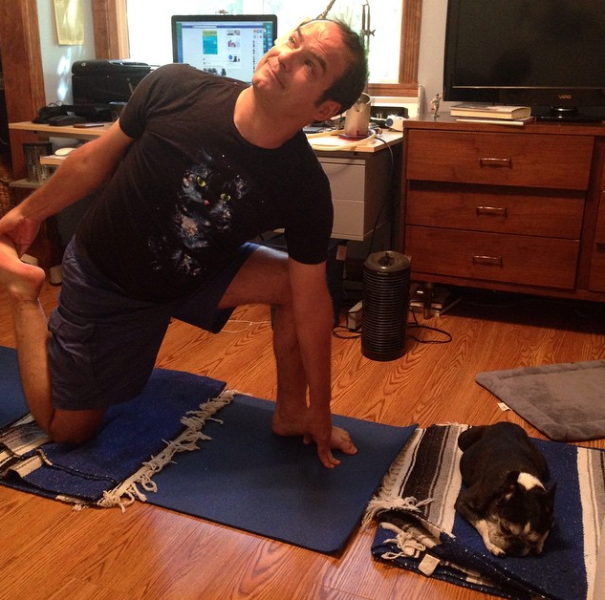 Hercules and I have inspired countless thousands to take up the ancient practice of #yoga. #inspire #yogaeverydamnday #365poseshashtagyogachallenge #instagramyogaisbullshit #bostonterrier #blessed. (Photo: nealpollack/ Instagram)