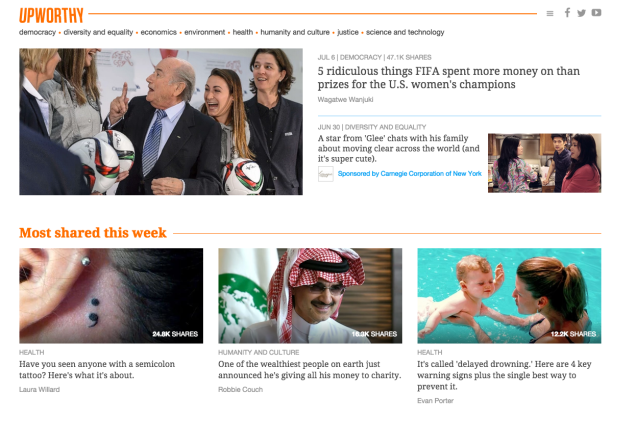 A screenshot of Upworthy's homepage.