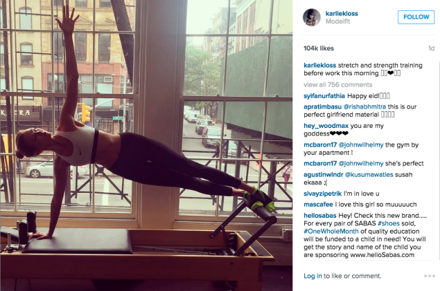 Ms. Kloss posed on a Pilates reformer. (Photo: Instagram/Karlie Kloss)