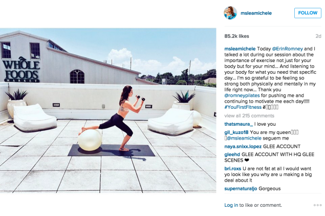 Ms. Michele did Pilates on the roof. (Photo: Instagram/Lea Michele)