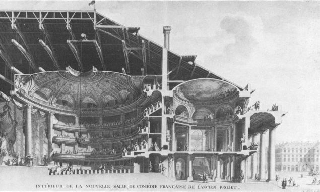 Comédie-Française (Odéon), long section and view of the vestibule, based on the second (1770) project. (Photo: Wikimedia Commons)