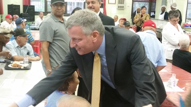 Mayor Bill de Blasio greets seniors in the Bronx today. (Photo: Ross Barkan for Observer)